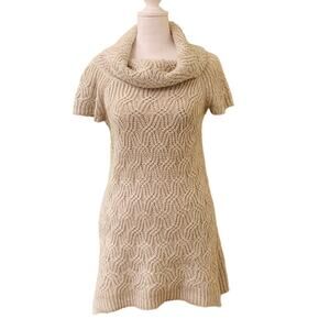 Worthington Beige Long Sweater Mini Dress Short Sleeve Cowl Neckline Size Large